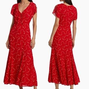 NWOT REFORMATION Talleen Red Floral Print Ruffle maxi cap sleeves Dress sz 12
